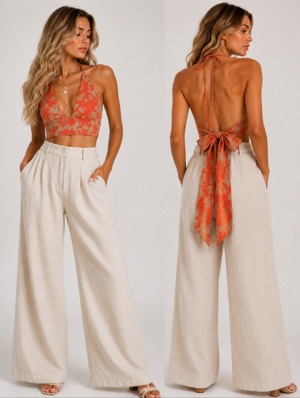 Alexis 100% Linen Floral Halter Crop Top Open Back Bow Tie XS